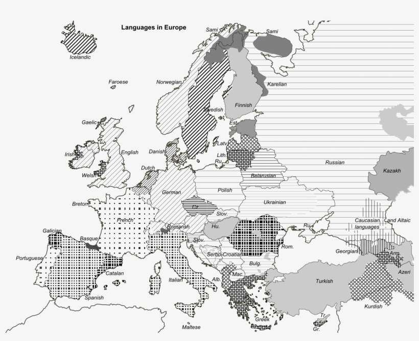 Black And White Linguistic Map Of Europe - Map Of Europe Hd Black White, transparent png download