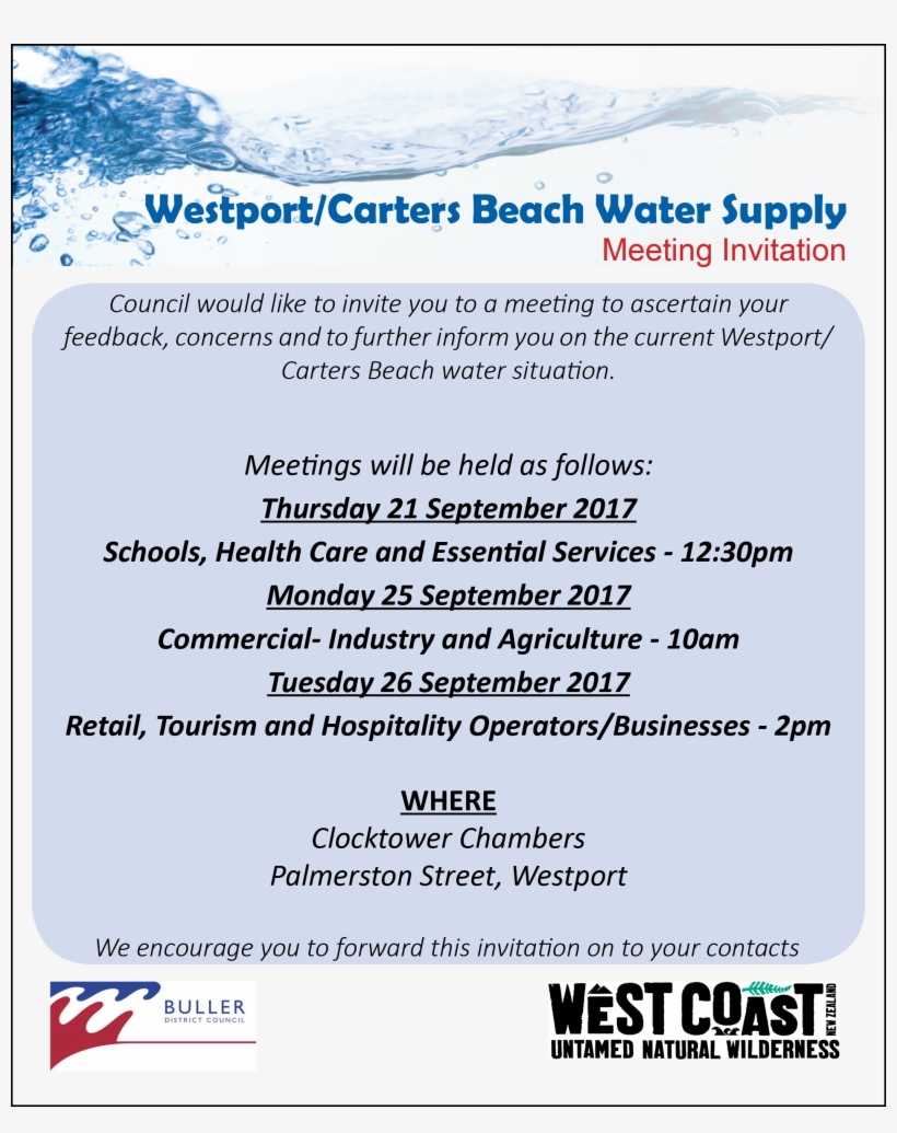 Westport/carters Beach Water Supply Meetings - Buller District Council, transparent png download