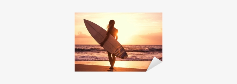 Silhouette Surfer Girl On The Beach At Sunset Sticker - Girl Beach Surf, transparent png download