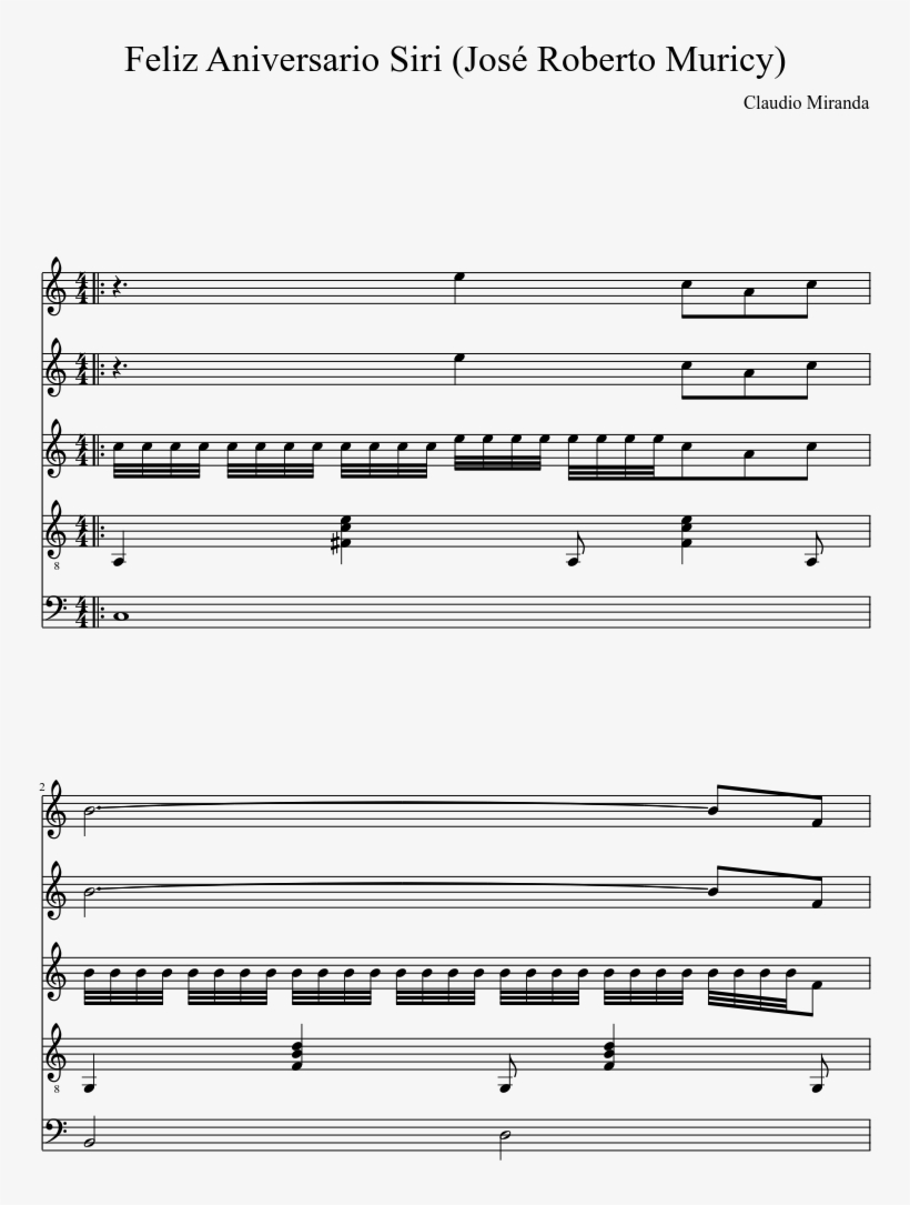 Feliz Aniversario Siri Sheet Music Composed By Claudio - Sheet Music, transparent png download