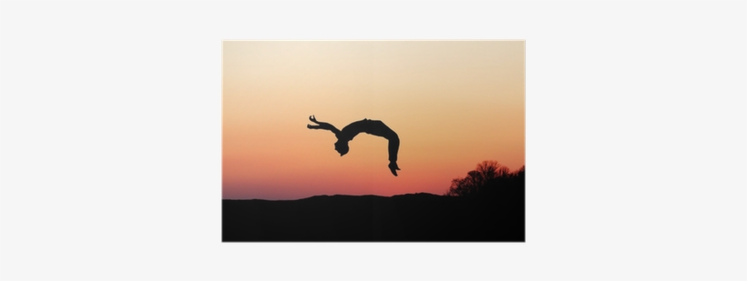 Silhouette Of Gymnast Doing A Backflip In Sunset Poster - Silhouette, transparent png download
