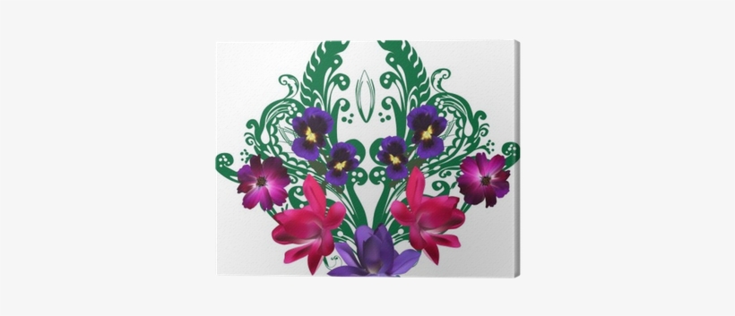 Green Design With Dark Flowers On White Canvas Print - Flower, transparent png download