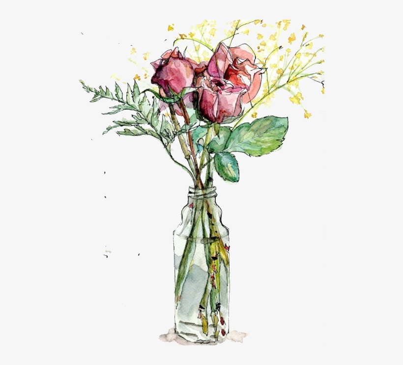 Garden Roses Vase Watercolor Painting Drawing Illustration - Rose In A Vase Drawing, transparent png download