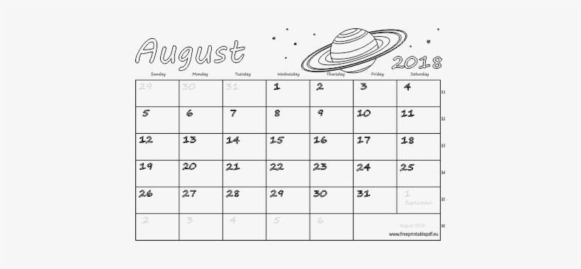 Calendar 2018 August Printable, transparent png download