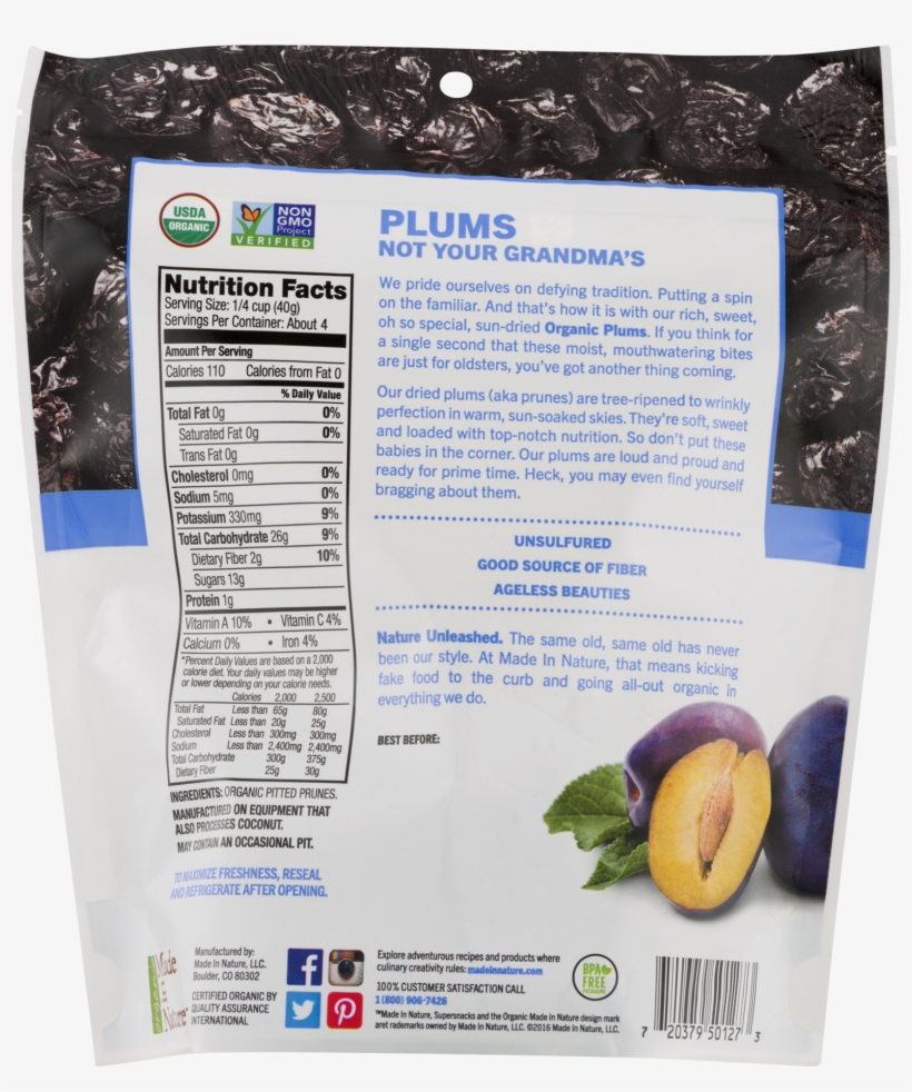 Made In Nature Organic Dried Fruit Super Snacks, Plums, - Made In Nature, Organic Dried Plums, Well Pruned Supersnacks,, transparent png download