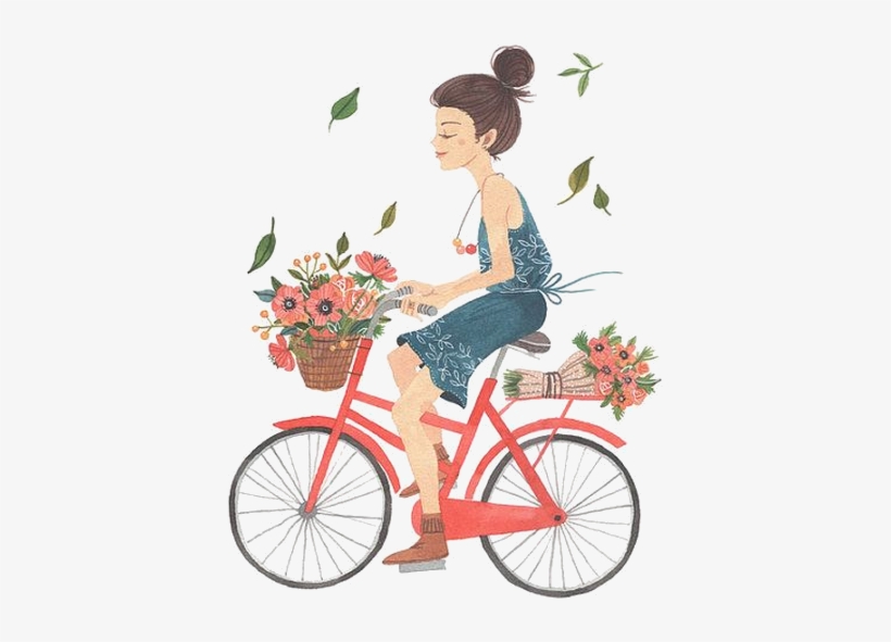 Vector Freeuse Library Personnages Illustration Individu - Girl With Bicycle Painting, transparent png download