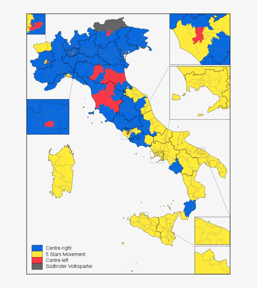 654px-italian 2018 Elections Chamber Of Deputies Constituencies - Italian Election Results Map, transparent png download
