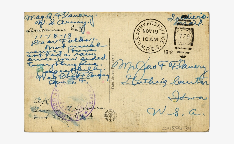 Postcard Mailed From France, World War I - World War 1 Postcard, transparent png download