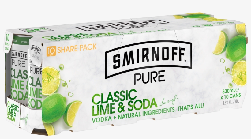 Smirnoff Pure Lime And Soda 10 Pack Cans 10 Pack - Smirnoff Lime Soda Can, transparent png download