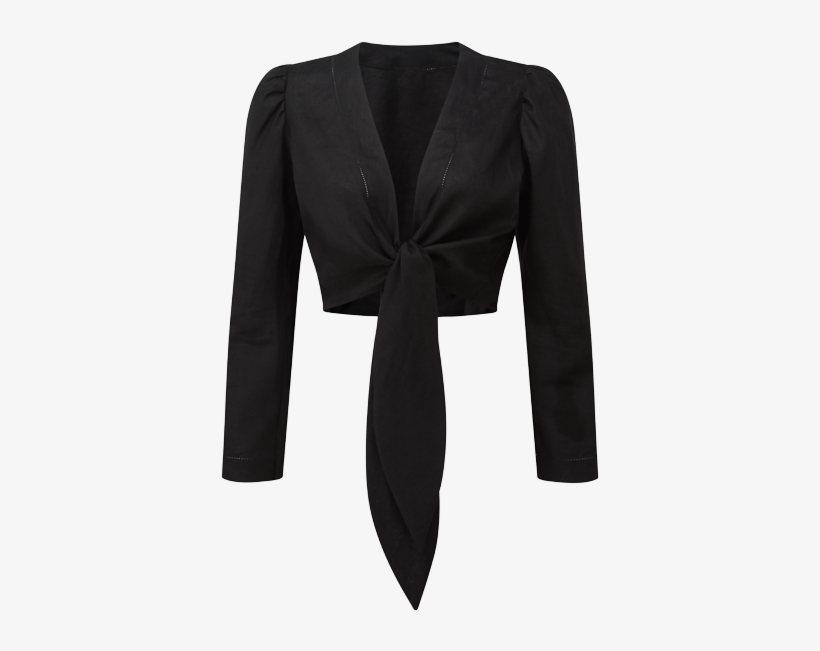 Pouf Sleeve Black Linen Tie Blouse - Blouse, transparent png download