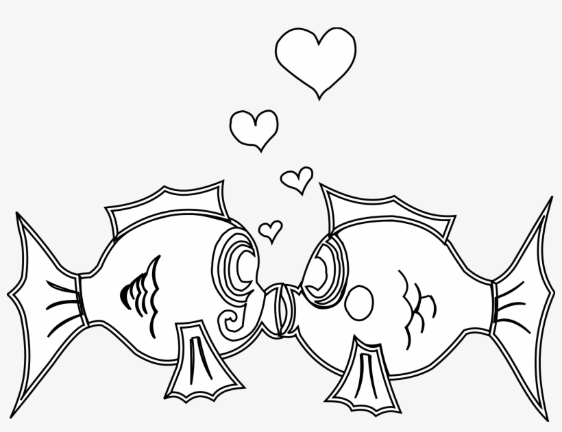 Fish In Love Black White Line Art Coloring Book Colouring - Love Free Black And White, transparent png download