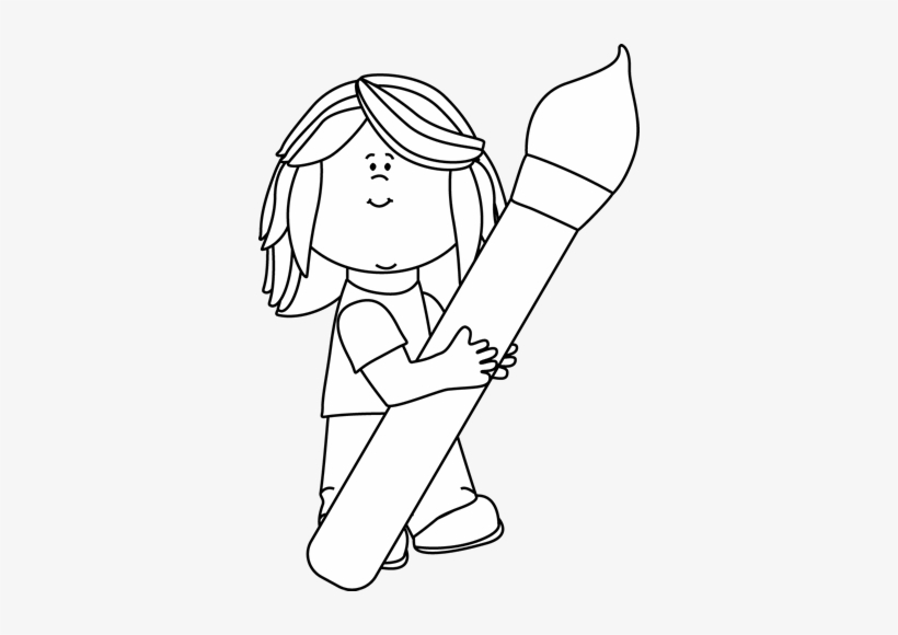Black And White Girl Holding A Giant Paint Brush - Paint Brush In Black And White, transparent png download