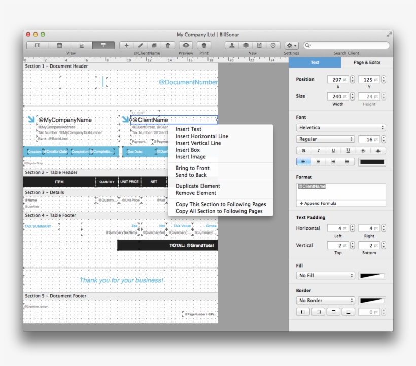 Billsonar Invoice Mac Os X Design Editor Menu - Document Editor Design, transparent png download