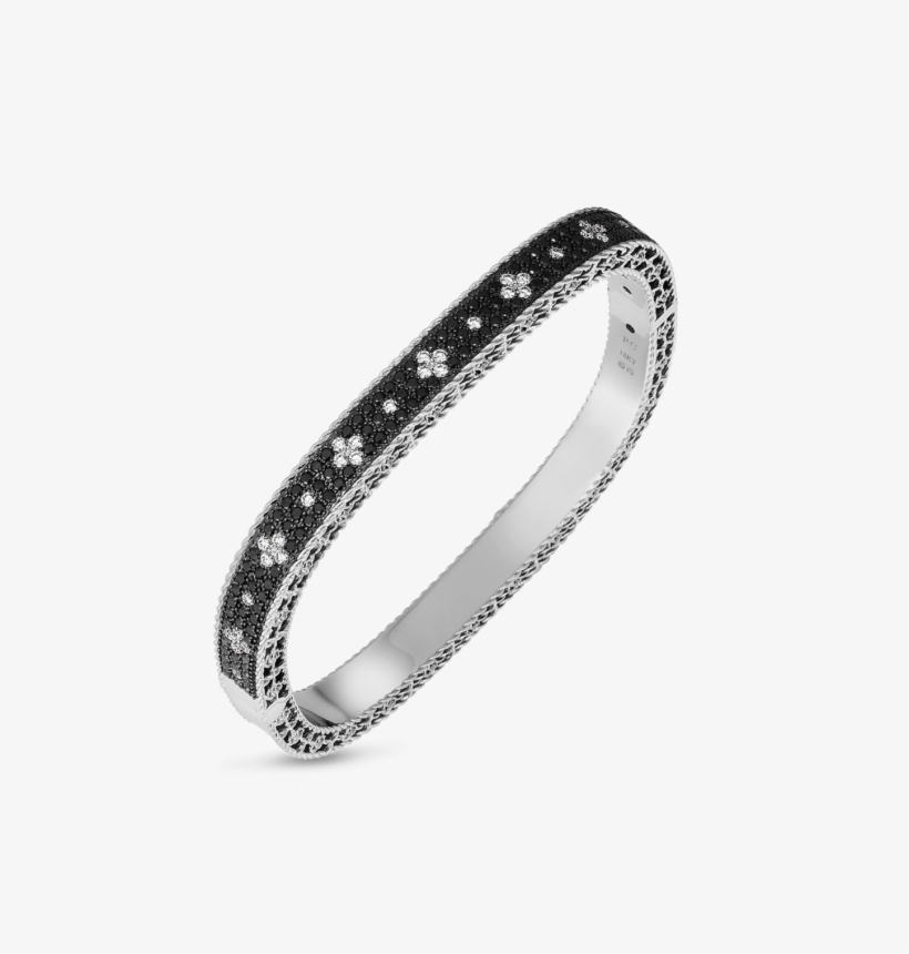 Roberto Coin Slim Bangle With Black And White Fleur - Gold, transparent png download