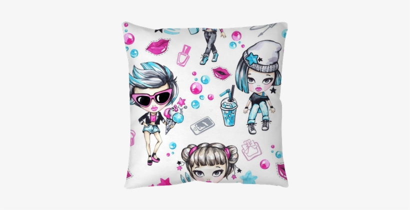 Watercolor Seamless Pattern With Fashion Teenagers - Watercolor Painting, transparent png download