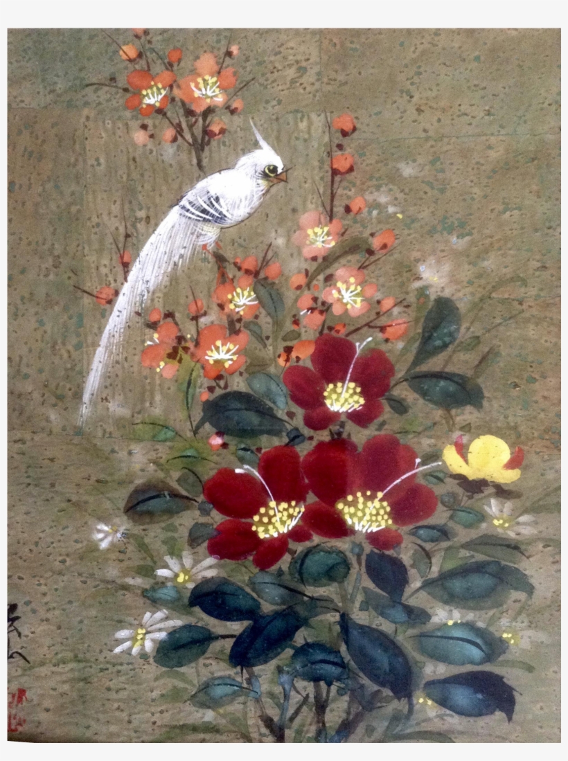 White Bird With Red Flowers Signed By Artist Watercolor - Watercolor Painting, transparent png download
