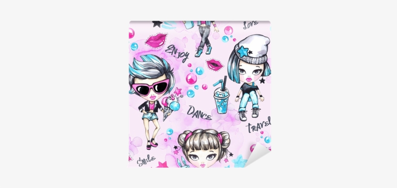 Watercolor Seamless Pattern With Fashion Teenagers - Watercolor Painting, transparent png download