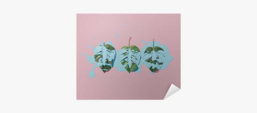 Blue Paint Splatter Over Tropical Leaves On Pink Pastel - Paint, transparent png download