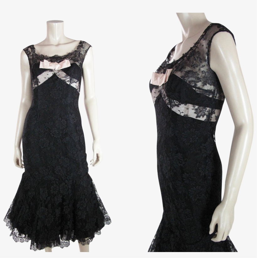 Sultry 1950's Sleeveless Black Lace Fishtail Evening - Vintage Clothing, transparent png download