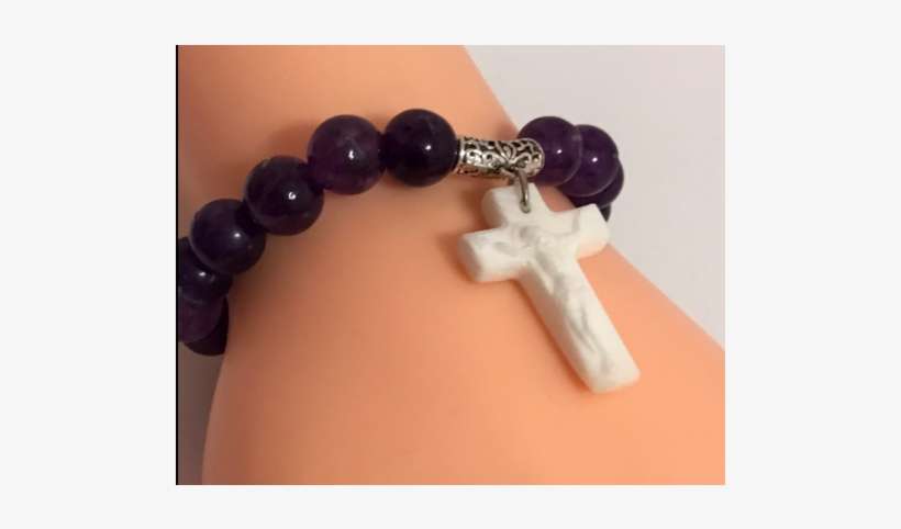 Purple Hand Craved Cross Natural Stone Bead Bracelet - Bracelet, transparent png download