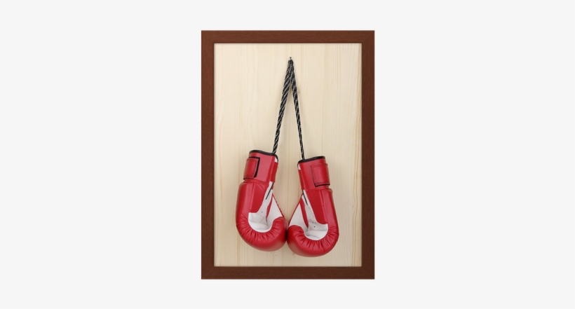 Red Boxing Gloves Hanging On Wooden Background Framed - Boxing Glove, transparent png download