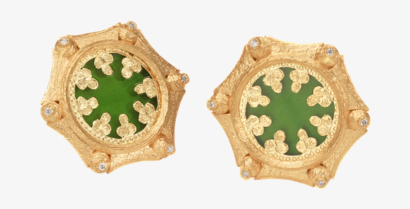 20k Thewa Green Glass And Diamond Stud Earrings - Earring, transparent png download