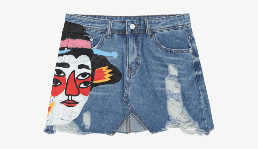 Ripped Figure Graphic Denim Skirt - Floral-print Skirt, transparent png download