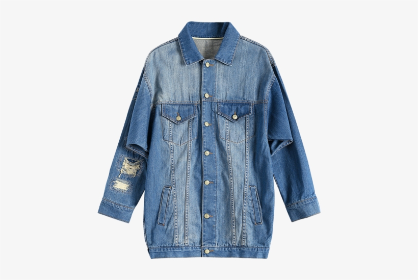 Turn-down Collar Long Sleeve Button Down Ripped Denim - Pocket, transparent png download