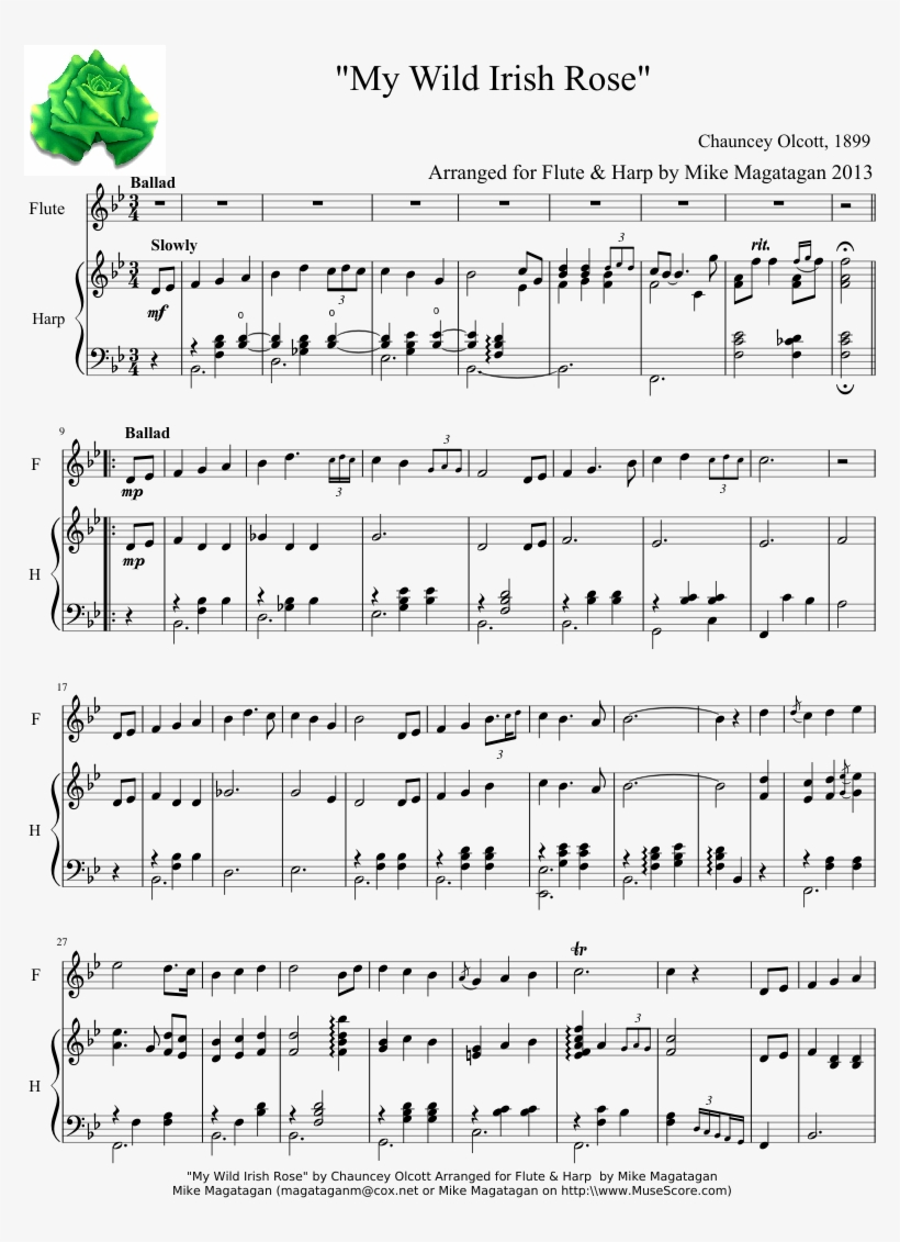 "my Wild Irish Rose" Sheet Music Composed By Chauncey - Music, transparent png download