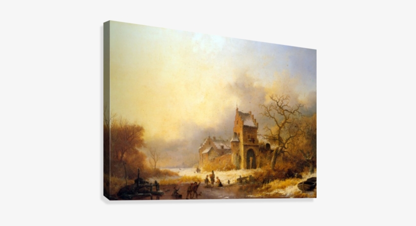 Figures On A Frozen River In A Winter Landscape Canvas - Painting, transparent png download