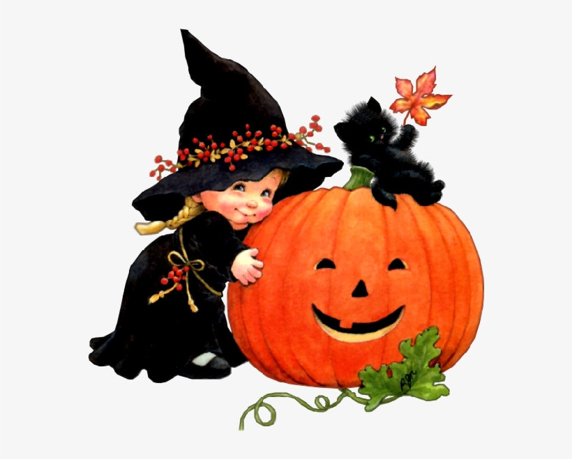 Cartoon Baby Witch With Black Cat,black Hat Witches - Clip Art Halloween, transparent png download