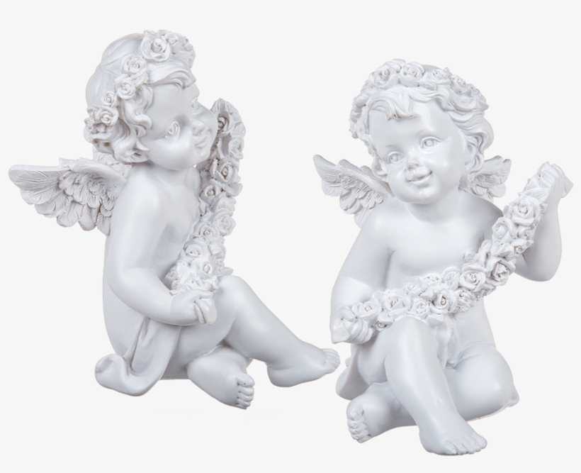 Ángel De Poliresina Sentado Con Corona De Rosas Blancas - Rose, transparent png download