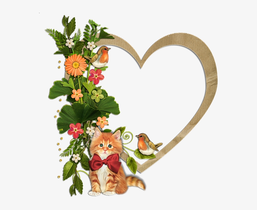 Kitty Birds And Flowers Heart Transparent Frame - Hearts Frames With Flowers, transparent png download