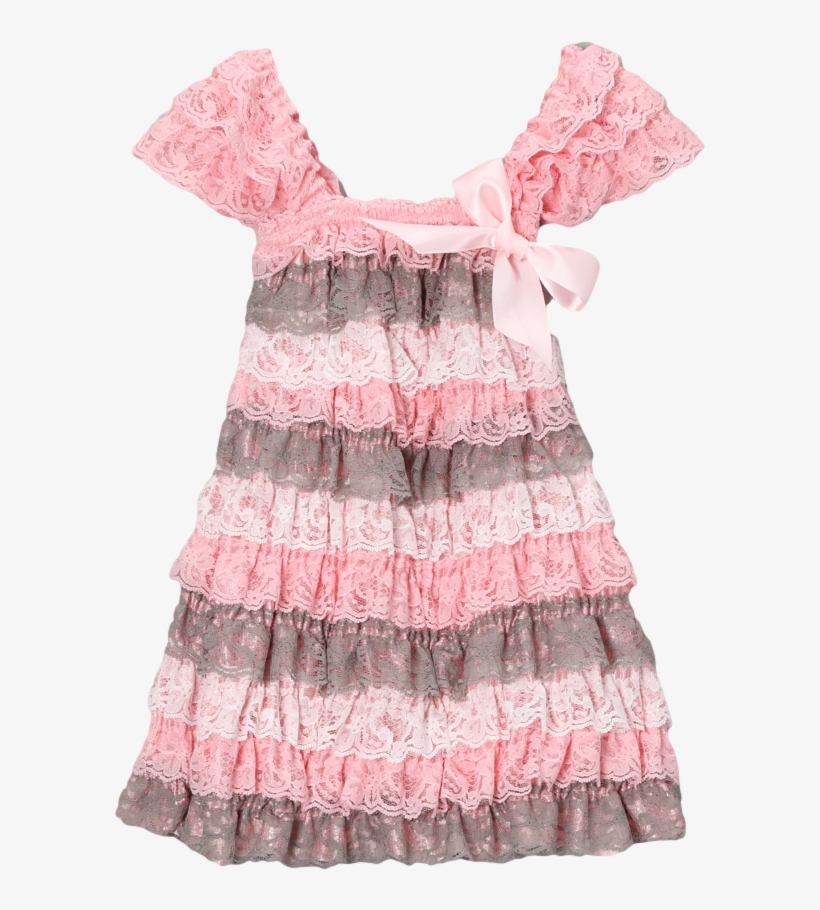 Pink & Grey Lace Capsleeve Tiered Flower Girls Dress - Dress, transparent png download