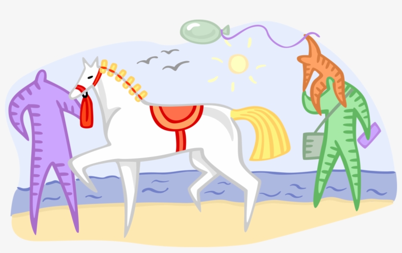 Vector Illustration Of White Horse On Beach With Father - Cartoon, transparent png download