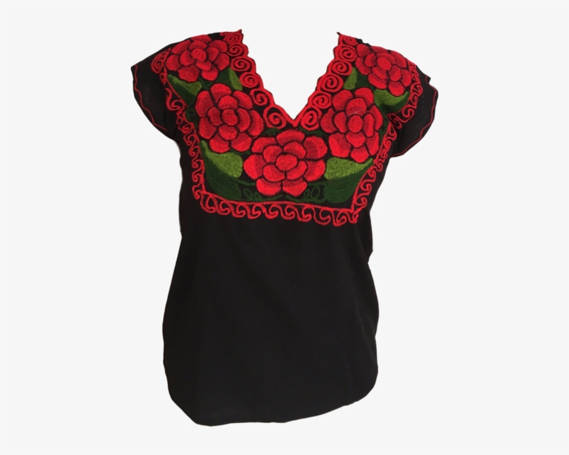 Black Mexican Blouse With Red Flowers - Mexican Blouses, transparent png download