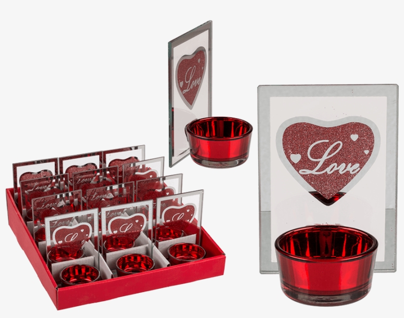 Glass Tealight Holder With Print Love & Red Glitter - Glass, transparent png download