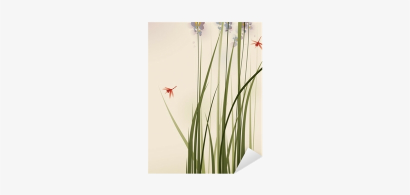 Oriental Style Painting, Tall Grasses And Flowers Sticker - Oriental Style Painting, Tall Grasses And Flowers Art, transparent png download
