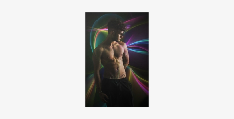 Young Shirtless Man Over Dark Colorful Background Poster - Shirt, transparent png download