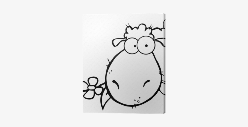Outlined Sheep Head Cartoon Carrying A Flower In Its - Cartoon Sheep, transparent png download