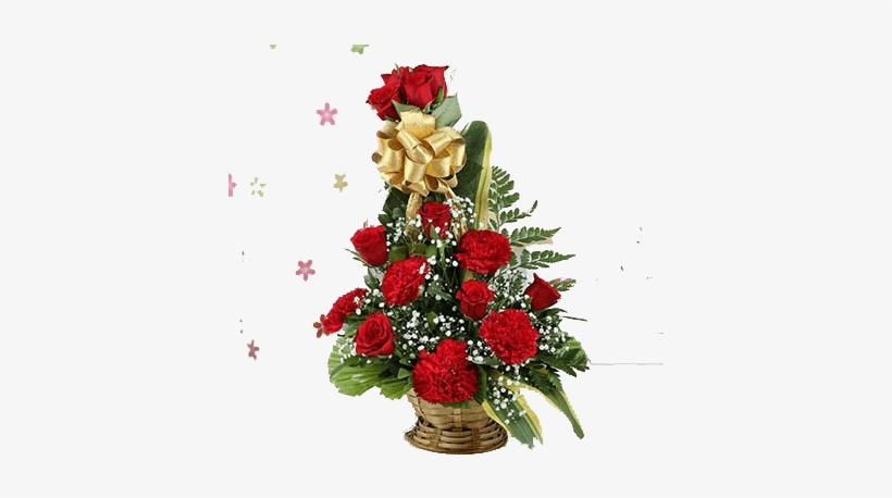 One Sided Basket Of 10 Red Roses & 5 Red Carnations - Garden Roses, transparent png download