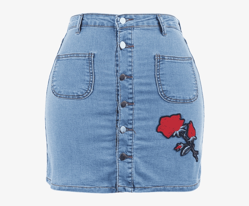 Buttons Rose Patch Denim Skirt - Clothing, transparent png download