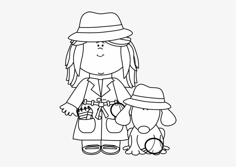 Black And White Girl Detective With Dog - Kid Detectives Clipart Black And White, transparent png download