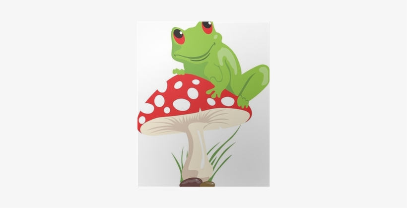 Green Frog Sitting On A Red Coloured Mushroom Poster - Frog Sitting On A Mushroom, transparent png download