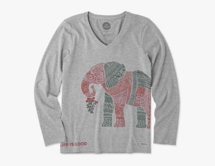 Women's Elephant Mistletoe Long Sleeve Crusher Vee - Life Is Good, transparent png download