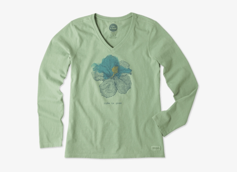 Women's Engraved Hibiscus Long Sleeve Crusher Vee - Floral Design, transparent png download