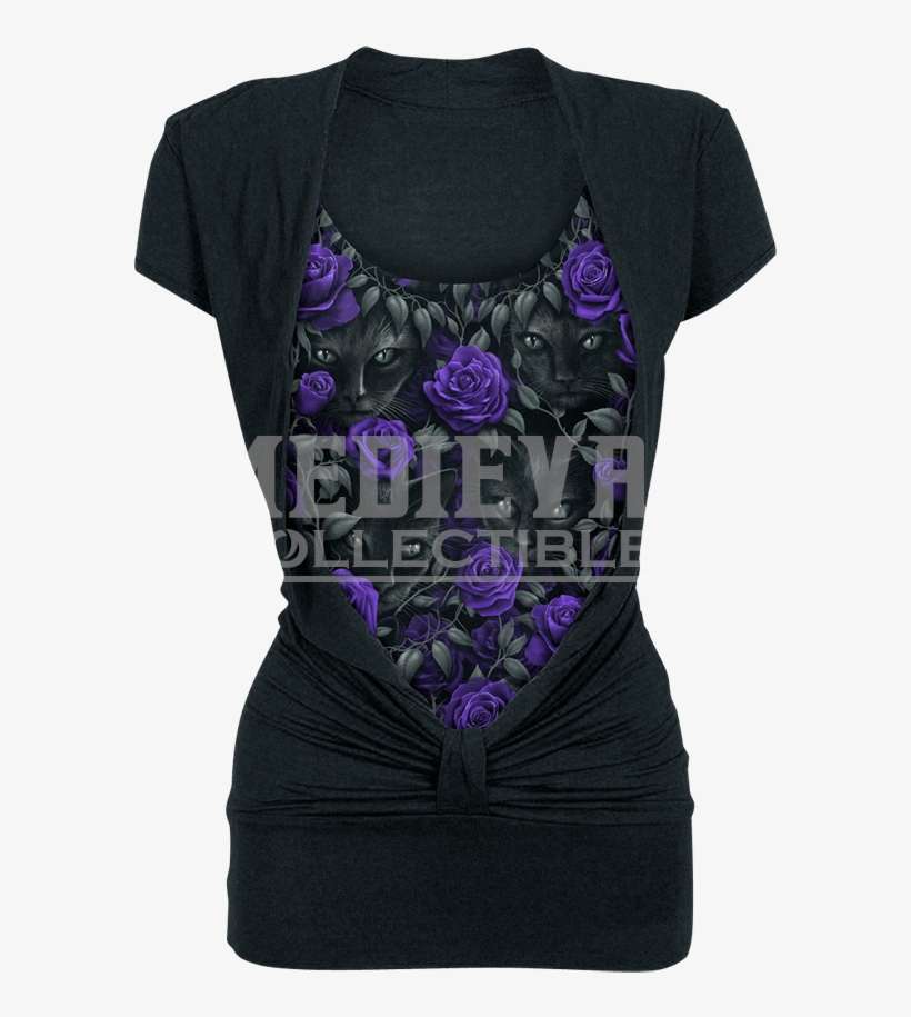 Black Cat And Purple Rose Knotted Top - Watchers - Allover 2in1 Gathered Knot Short Sleeve, transparent png download