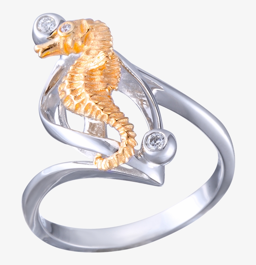 14k Two-tone Single Seahorse Ring With 3 Diamonds - Ring, transparent png download