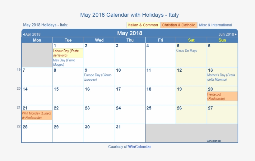 May 2018 Calendar With Italian Holidays As Image To - January 2019 Calendar With Holidays, transparent png download