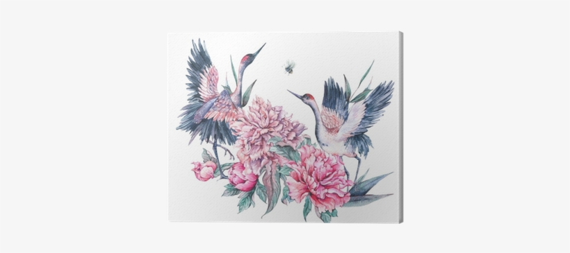 Watercolor Nature Card With Crane And Pink Peonies - Watercolor Painting, transparent png download